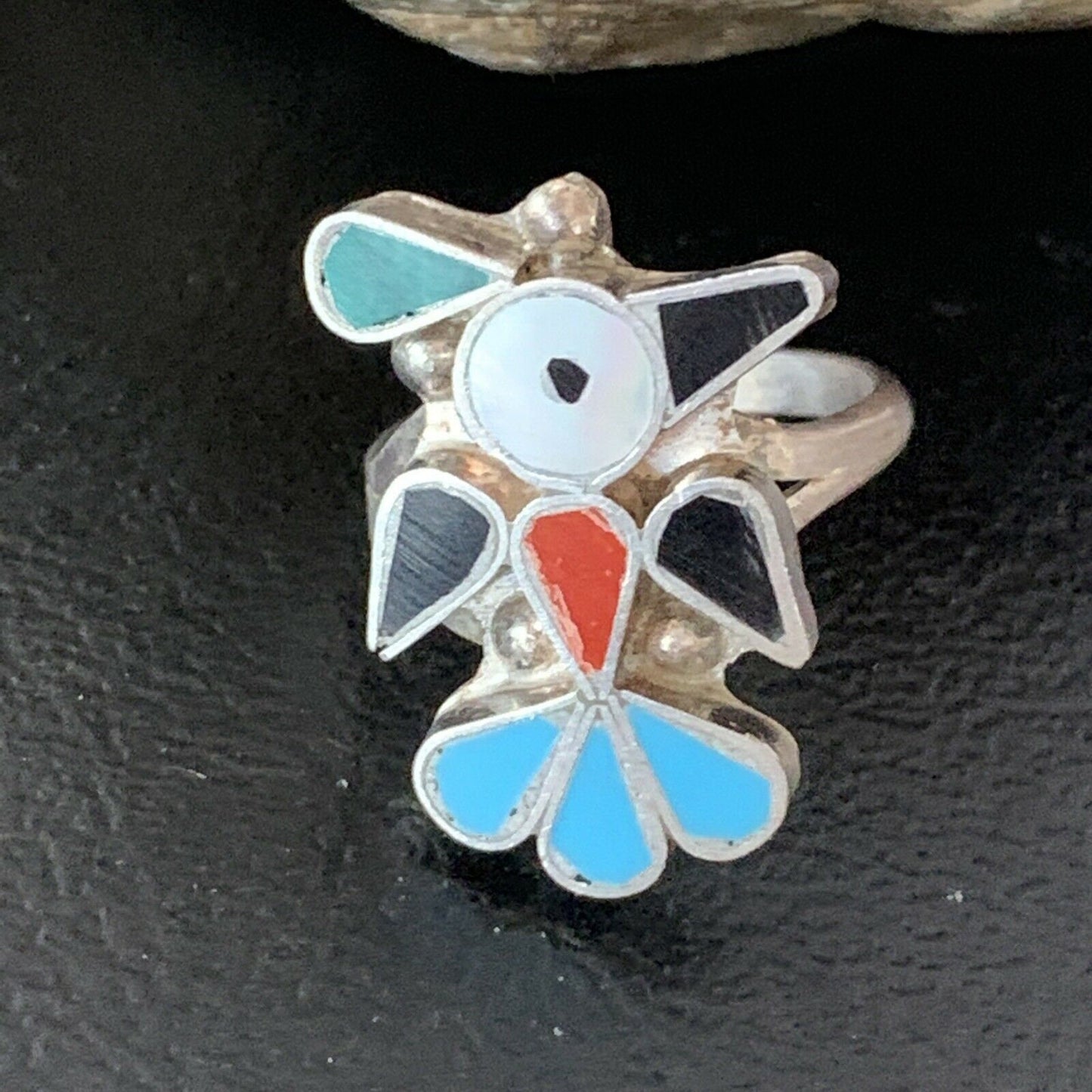 Zuni Peyote Bird Ring | Sterling Silver Coral Turquoise Onyx Mother of Pearl Inlay | Sz 6 | 10214