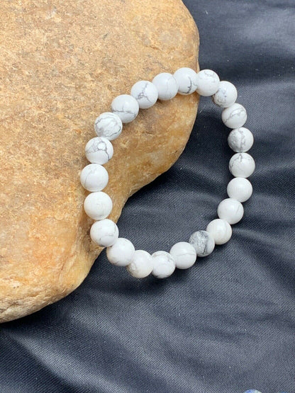 White Howlite Bead Mala Bracelet | 8mm | Stretchable | Authentic Native American Handmade | 4603