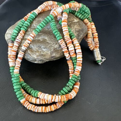 Navajo Green Turquoise Spiny Oyster Necklace | Sterling Silver | Authentic Native American Handmade | 17534