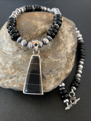 Navajo Black Onyx Bead Inlay Pendant Necklace | Sterling Silver | Native American Handmade | 01939