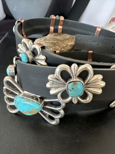 Men's Blue Kingman Turquoise Concho Belt | Sterling Silver Navajo Tufa | Authentic Native American Handmade | 16788