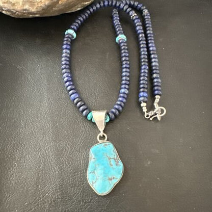 Navajo Lapis Turquoise Pendant Necklace | Sterling Silver | Authentic Native American Handmade | 17434