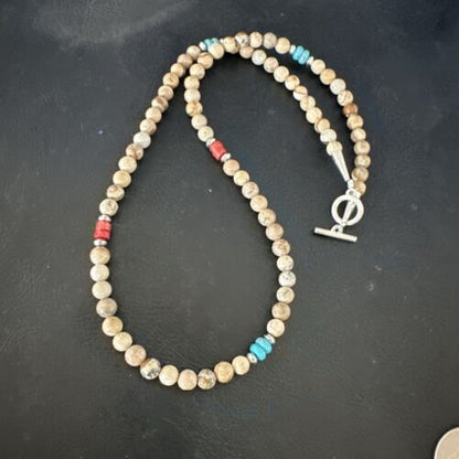 Navajo Turquoise Coral Picture Jasper Necklace | Sterling Silver | 20" | Authentic Native American Handmade | 17608