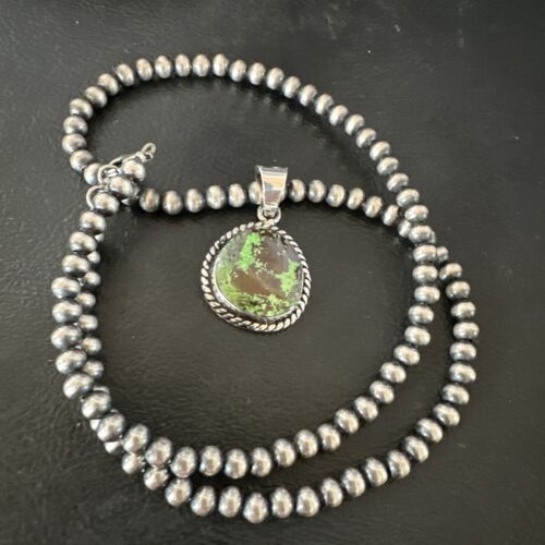 Navajo Green Gaspeite Pendant Necklace | Sterling Silver | Authentic Native American Handmade | 16362