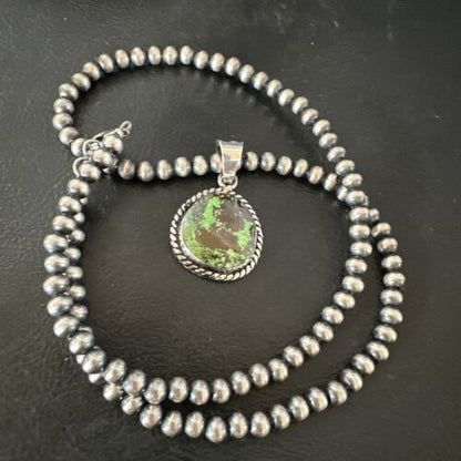 Navajo Green Gaspeite Pendant Necklace | Sterling Silver | Authentic Native American Handmade | 16362