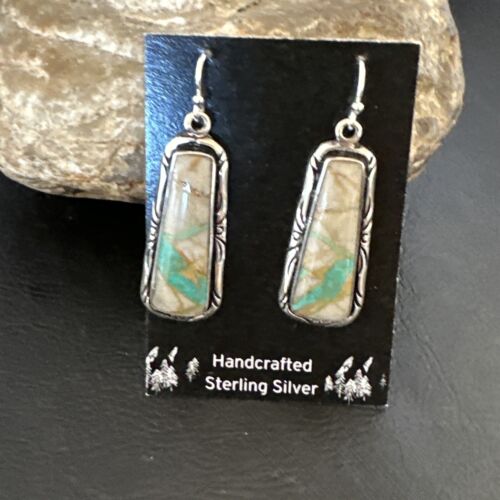 Navajo Blue Boulder Turquoise Dangle Earrings | Sterling Silver | Authentic Native American Handmade | 16496