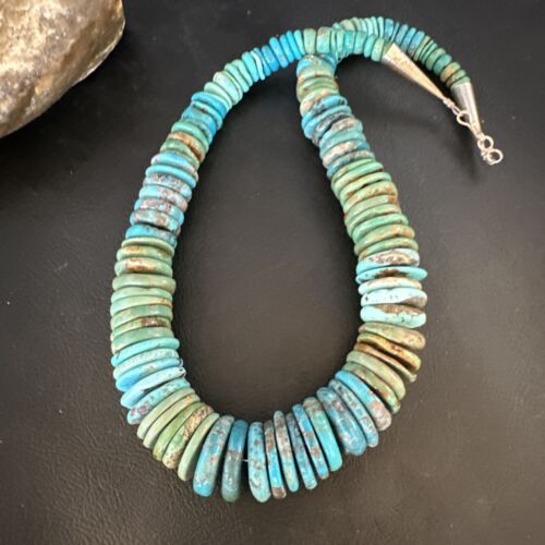 Navajo Blue Green Turquoise Necklace | Sterling Silver Graduated Beads | Authentic Native American | 19" | 15318