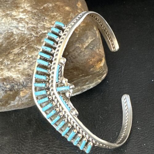 Native American Zuni Blue Turquoise Needle Point Cluster Cuff Bracelet | Sterling Silver | Handmade Southwestern Jewelry | 15068