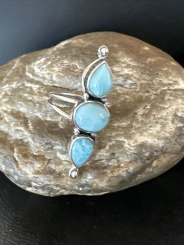 WoMens Cluster Blue Larimar 3 stone Navajo Sterling Silver Ring Size 8.5 16164