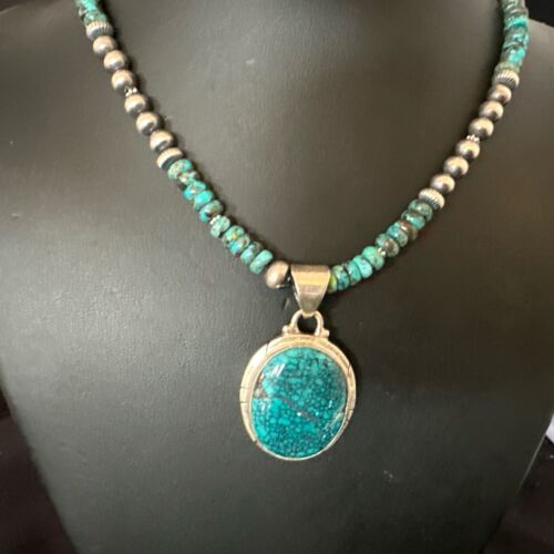 Men's Blue Spiderweb Turquoise Pendant Necklace | Navajo Sterling Silver | Authentic Native American Handmade | 17082