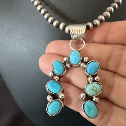 Navajo Horseshoe Naja Kingman Turquoise Pendant Necklace | Sterling Silver | Authentic Native American Handmade | 15748