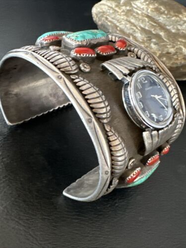 Navajo Men's Women's Royston Turquoise Coral Watch Cuff Bracelet | Sterling Silver | Authentic Native American | XL | 15850