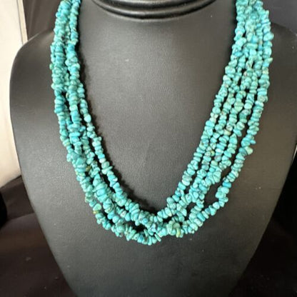 Navajo Blue Turquoise Nugget Bead Necklace | 5 Strand | Sterling Silver | 18" | 15077