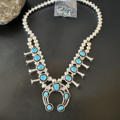 Navajo Kingman Turquoise Squash Blossom Necklace | Sterling Silver | 17" | Authentic Native American Handmade | 16110