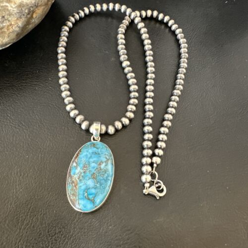 Men's Navajo Blue Spiderweb Turquoise Pendant Necklace | Sterling Silver | Authentic Native American Handmade | 16299