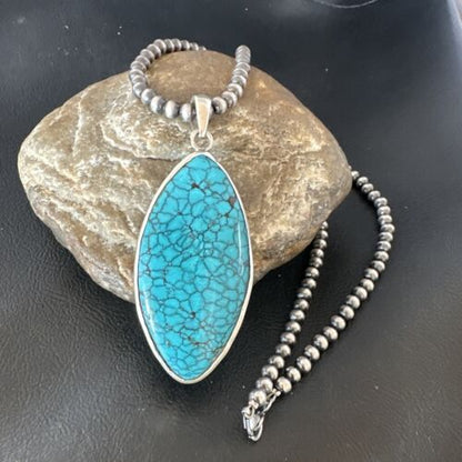 Men's Navajo Blue Spiderweb Turquoise Pendant Necklace | Sterling Silver | Authentic Native American Handmade | 16210