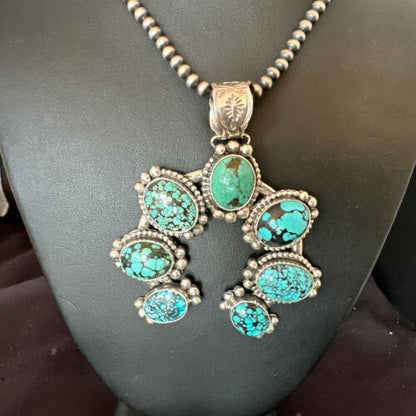 Navajo Men's Blue Turquoise Naja Pendant Necklace | Sterling Silver Pearls | Authentic Native American | 16404