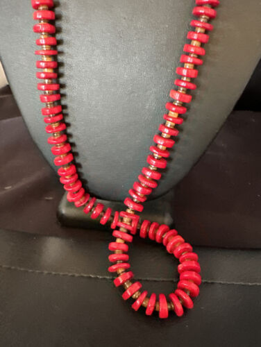Navajo Red Coral Shell Bead Necklace | Sterling Silver | 30" | Authentic Native American Handmade | 15284