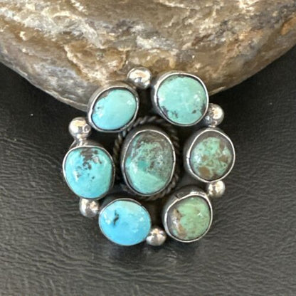 Navajo Blue Turquoise Cluster Ring | Authentic Native American Sterling Silver | Multi-Stone | Sz 9 | 17645