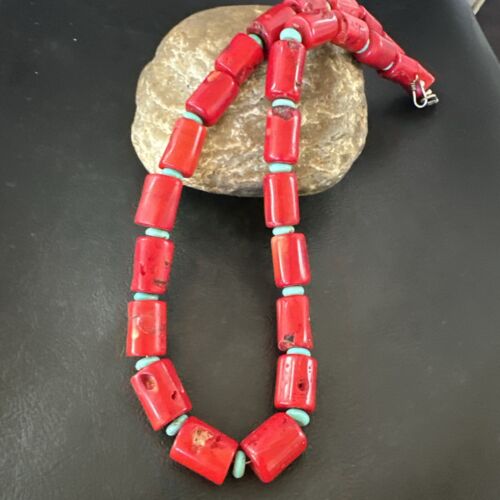 Navajo Red Coral Turquoise Bead Necklace | Sterling Silver | 20" | Authentic Native American Handmade | 16816