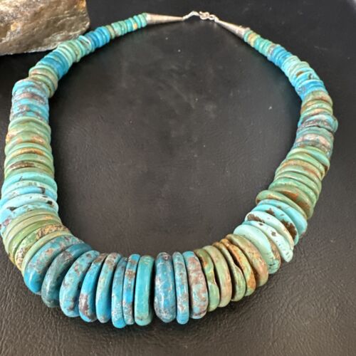 Navajo Blue Green Turquoise Necklace | Sterling Silver Graduated Beads | Authentic Native American | 19" | 15318