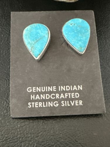 Navajo Blue Kingman Turquoise Post Stud Earrings | Sterling Silver | Authentic Native American Handmade | 17408