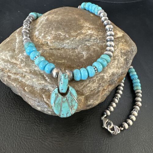 Navajo Blue Turquoise Inlay Pendant | Sterling Silver Necklace | Authentic Native American Handmade | 15423