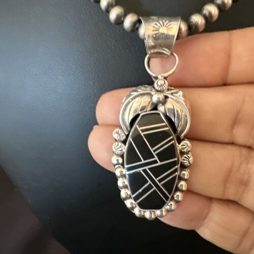 Navajo Pearls Black Onyx Inlay Necklace Pendant | Sterling Silver | Authentic Native American Handmade | 16535