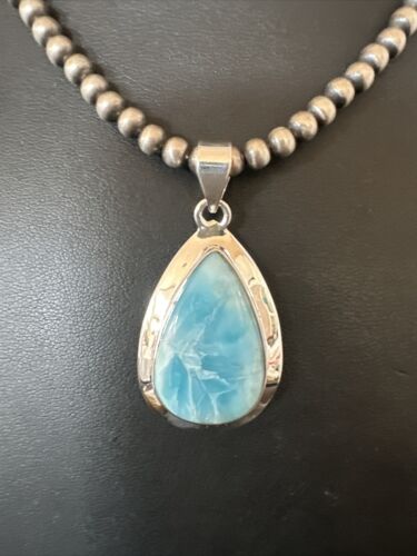 Navajo Blue Larimar Pendant Necklace | Sterling Silver Beads | Authentic Native American Handmade | 17604