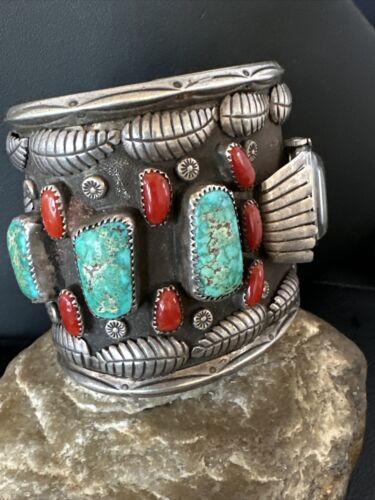 Navajo Men's Women's Royston Turquoise Coral Watch Cuff Bracelet | Sterling Silver | Authentic Native American | XL | 15850