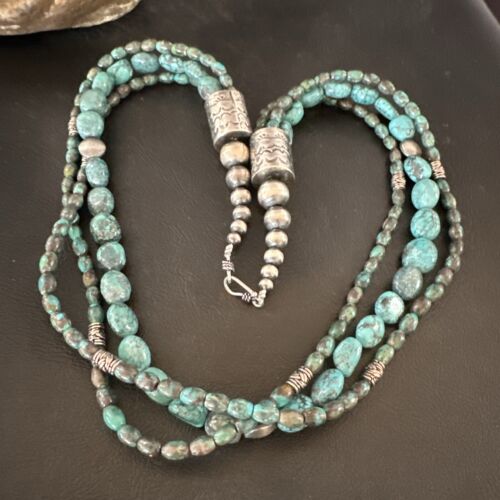 Navajo Spiderweb Turquoise Necklace | 3 Strands | Sterling Silver | 24" | Authentic Native American Handmade | 17403