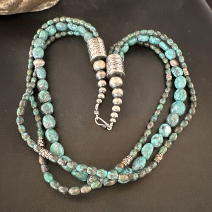 Navajo Spiderweb Turquoise Necklace | 3 Strands | Sterling Silver | 24" | Authentic Native American Handmade | 17403