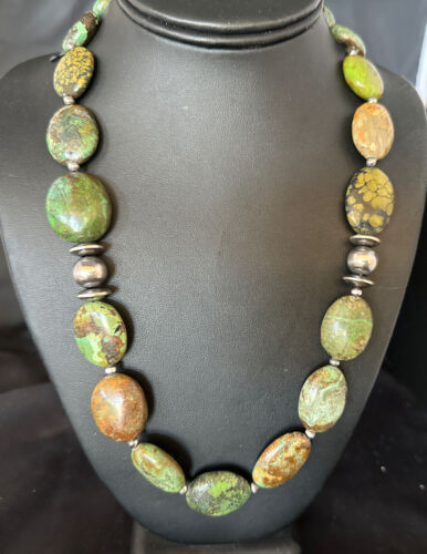 Navajo Green Turquoise Chunky Necklace | Sterling Silver | Graduated | Authentic Native American | 23" | 15202