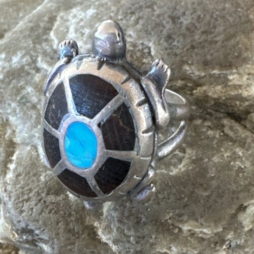 Navajo Blue Turquoise Onyx Turtle Ring | Sterling Silver | Sz 7 | Authentic Native American Handmade | 16980