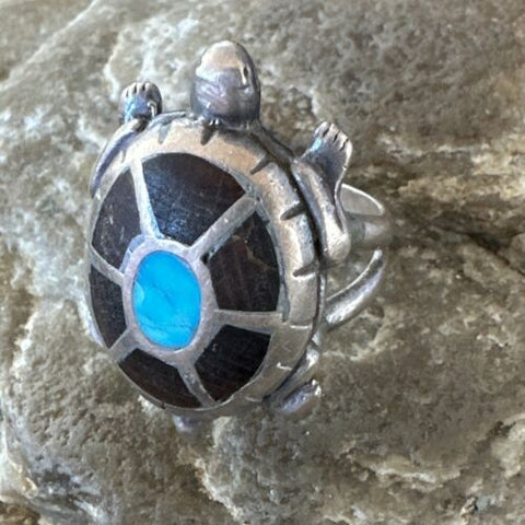 Blue Turquoise Onyx Navajo Sterling Silver Old Pawn Turtle Ring Size 7 16980