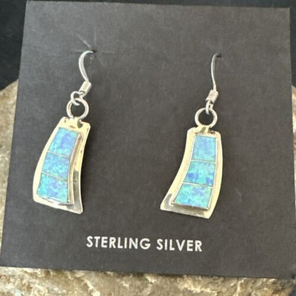 Navajo Blue Faux Opal Inlay Dangle Earrings | Sterling Silver | 1" | Authentic Native American Handmade | 17439