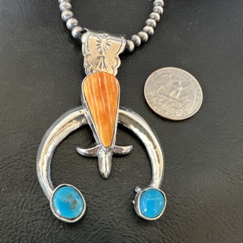 Navajo Blue Turquoise Orange Spiny Oyster Naja Pendant | Sterling Silver | Authentic Native American Handmade | 16411