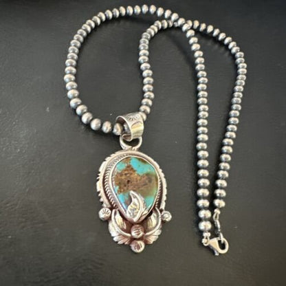 Navajo Blue Turquoise Pendant Necklace | Sterling Silver Pearls | Authentic Native American Handmade | 15655