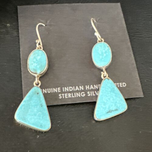 Navajo Blue Kingman Turquoise Dangle Earrings | Sterling Silver | Authentic Native American Handmade | 15103