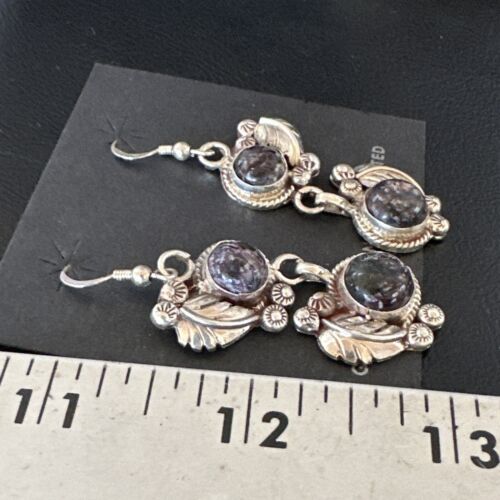 Navajo Purple Sugilite Dangle Earrings | Sterling Silver | 2" | Authentic Native American Handmade | 15693