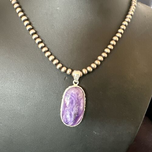 Navajo Purple Charoite Pendant with Pearls | Sterling Silver Necklace | Authentic Native American Handmade | 17313