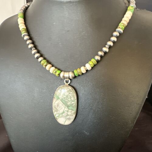 Navajo Green Turquoise Jasper Pendant Necklace | Sterling Silver | Native American Handmade | 16924