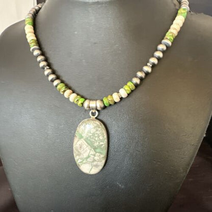 Navajo Green Turquoise Jasper Pendant Necklace | Sterling Silver | Native American Handmade | 16924