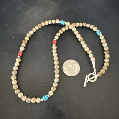 Navajo Turquoise Coral Picture Jasper Necklace | Sterling Silver | 20" | Authentic Native American Handmade | 17608