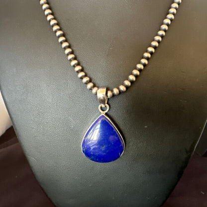Navajo Blue Lapis Pendant with Pearls | Sterling Silver Necklace | 20" | Authentic Native American Handmade | 16670