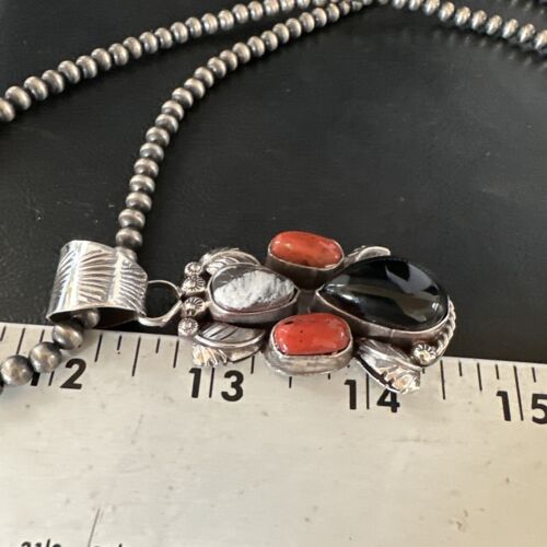 Navajo White Buffalo Coral Onyx Pearls Cluster Pendant | Sterling Silver | Native American Handmade | 15371
