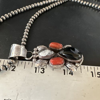 Navajo White Buffalo Coral Onyx Pearls Cluster Pendant | Sterling Silver | Native American Handmade | 15371