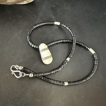Navajo Mother of Pearl & Onyx Heishi Necklace | Sterling Silver | Authentic Native American Handmade | 18" | 15264