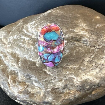 Navajo Turquoise Spiny Oyster Ring | Sterling Silver | Sz 8 | Authentic Native American Handmade | 16610