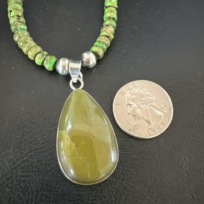 Navajo Green Turquoise Pendant with Pearls | Sterling Silver Necklace | Authentic Native American Handmade | 16917